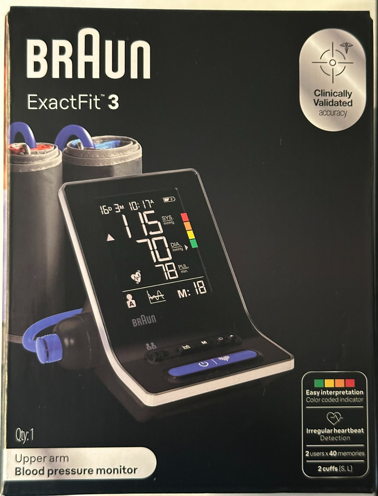 Braun ExactFit 3 Blood Pressure Monitor, Large Display, 2 Cuffs, 80 Memories NIB