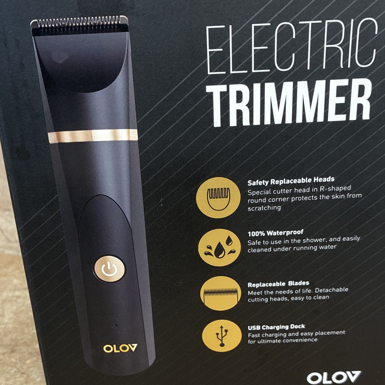 OLOV Waterproof Rechargeable Body Trimmer w/ Hair Guards USB Charging Black/Gold