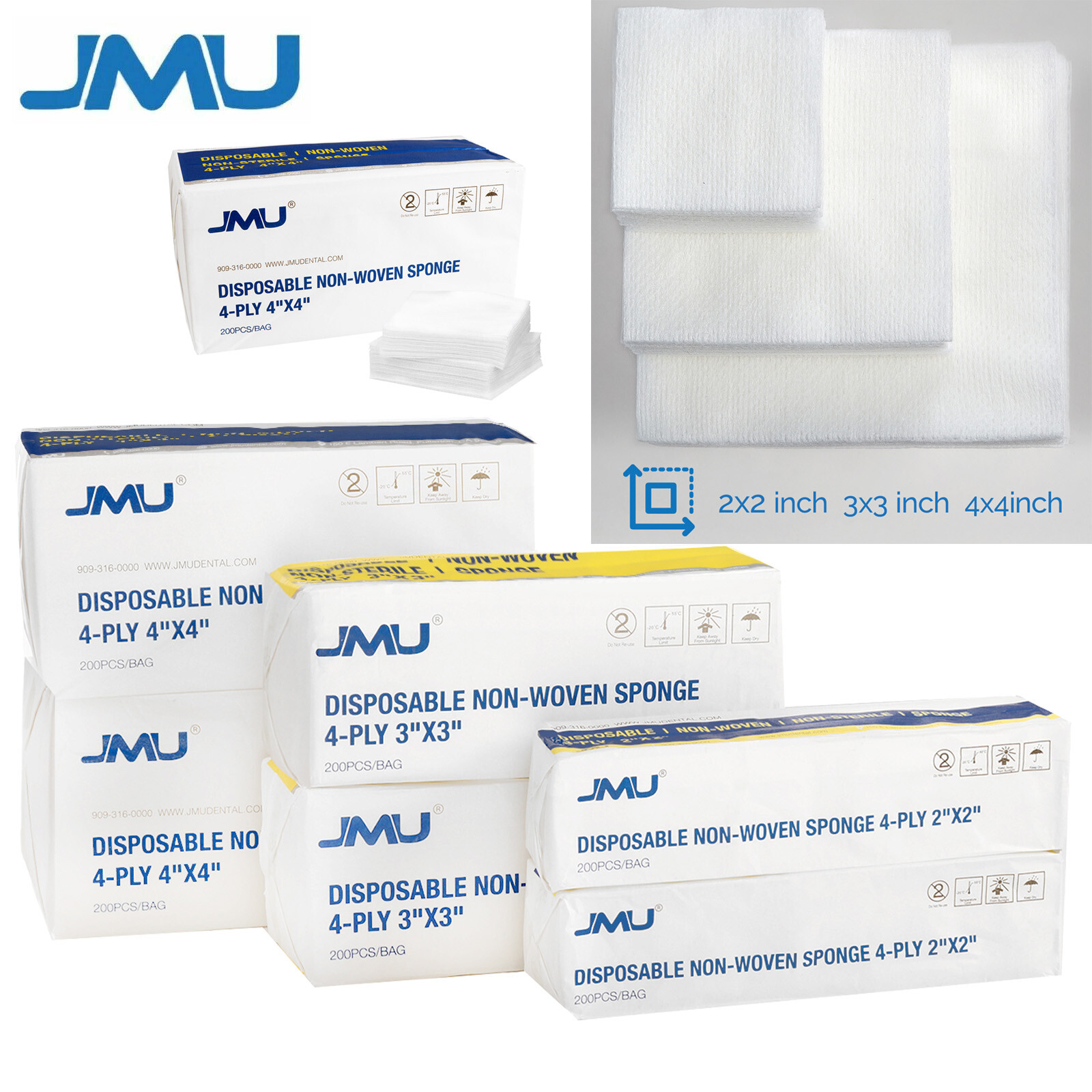 JMU Dental Non-Woven Sponges 4-Ply Non-Sterile Gauze Pads Size 2″x2″/3″x3″/4″x4″