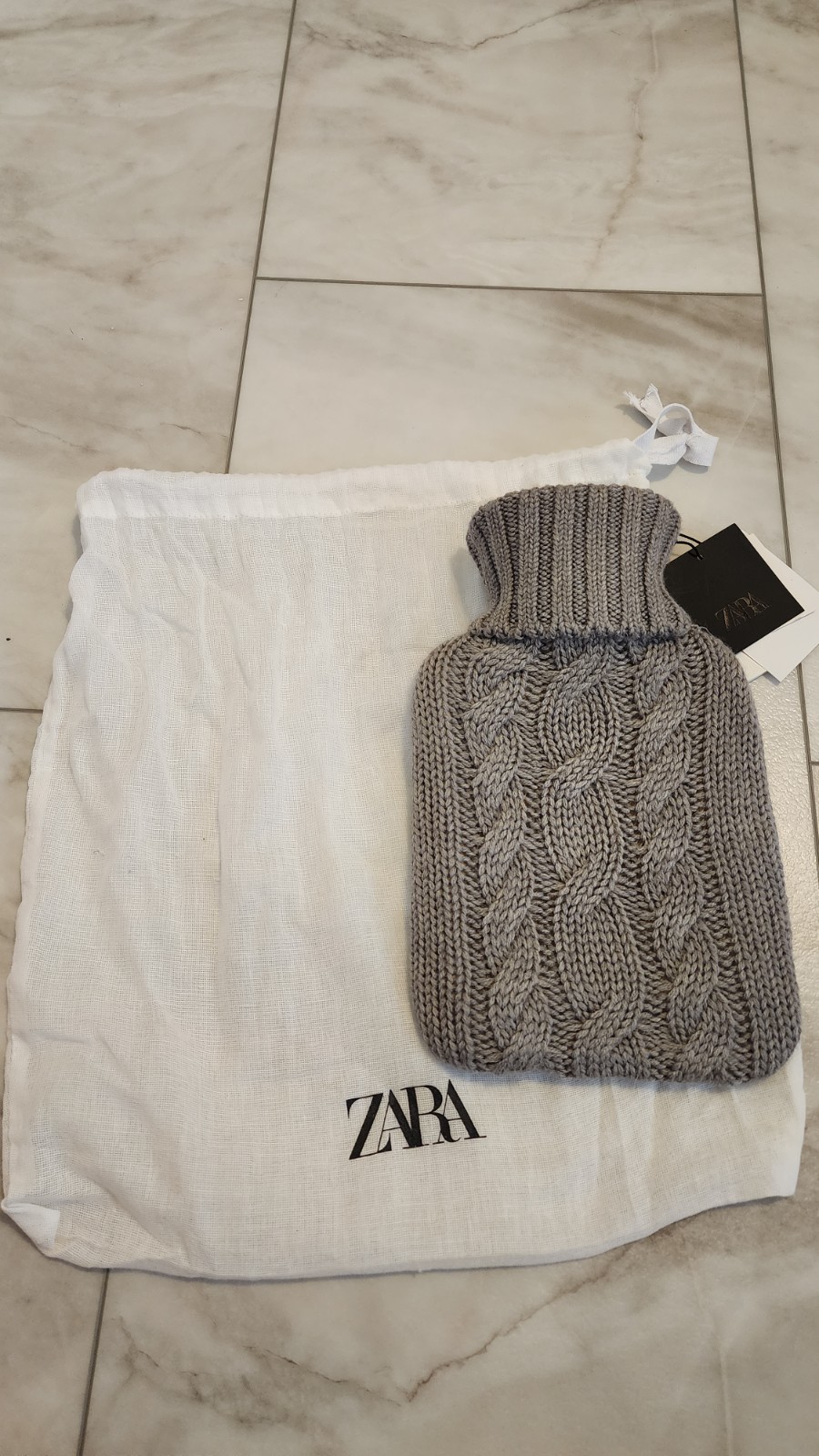 NWT Zara Home Knit Hot Water Bottle Grey Cable Knit Medium Cover With Dust Bag