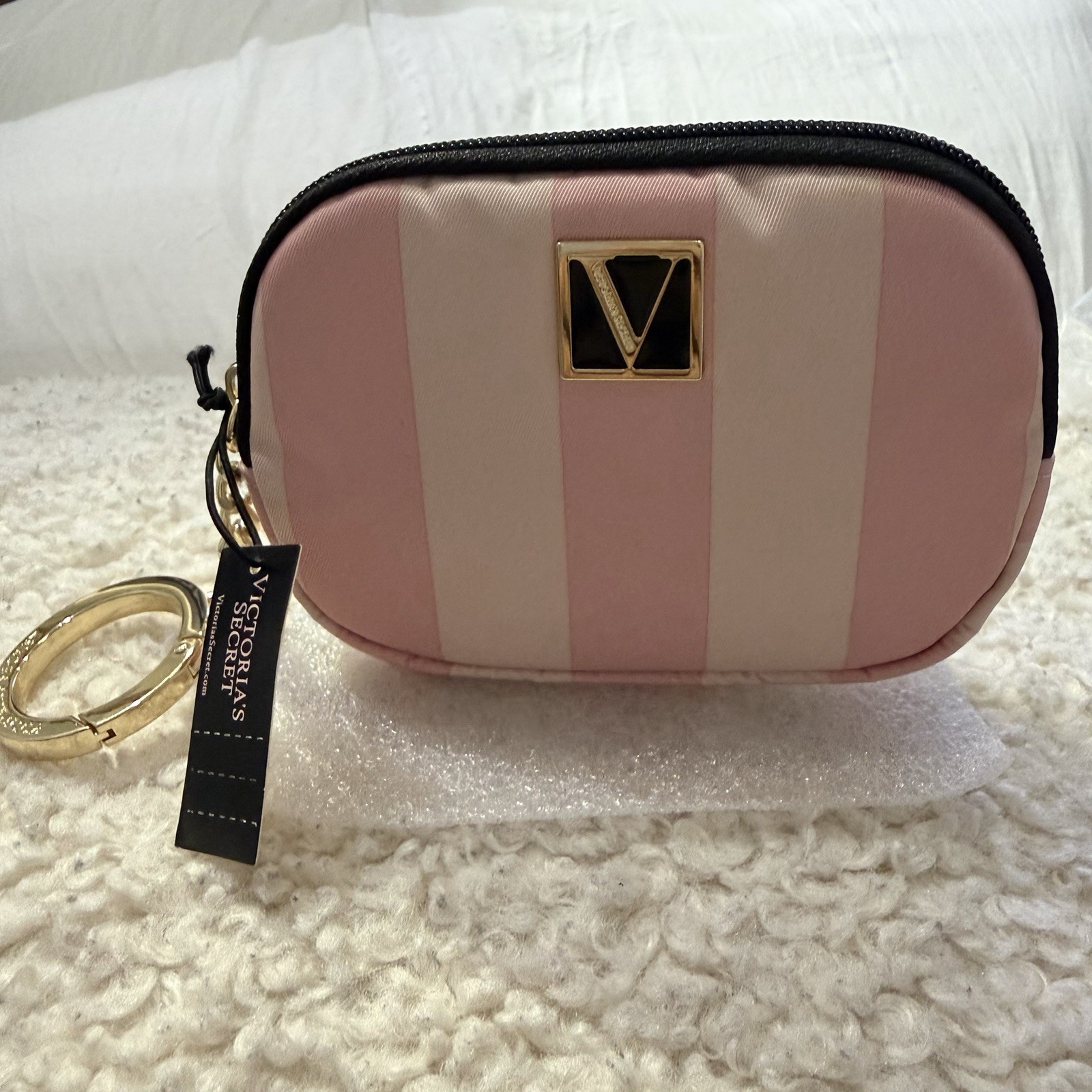 Victoria’s Secret PINK Pink/White Stripe Zipper Mini Bag Pouch w/ Key Ring
