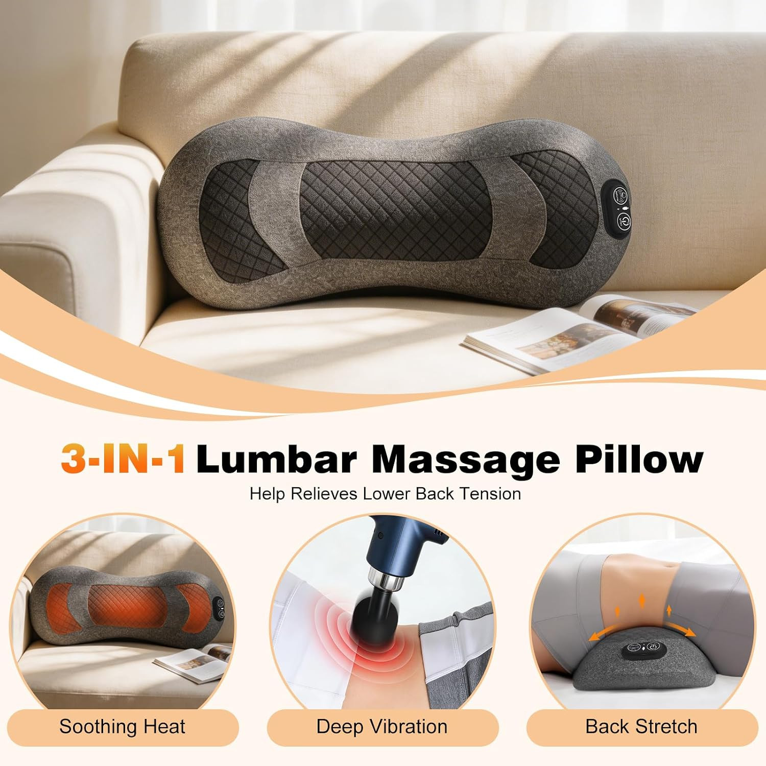 Triple Fusion Back Massager for Sciatica & Spine Pain Relief, Lumbar Support Pil