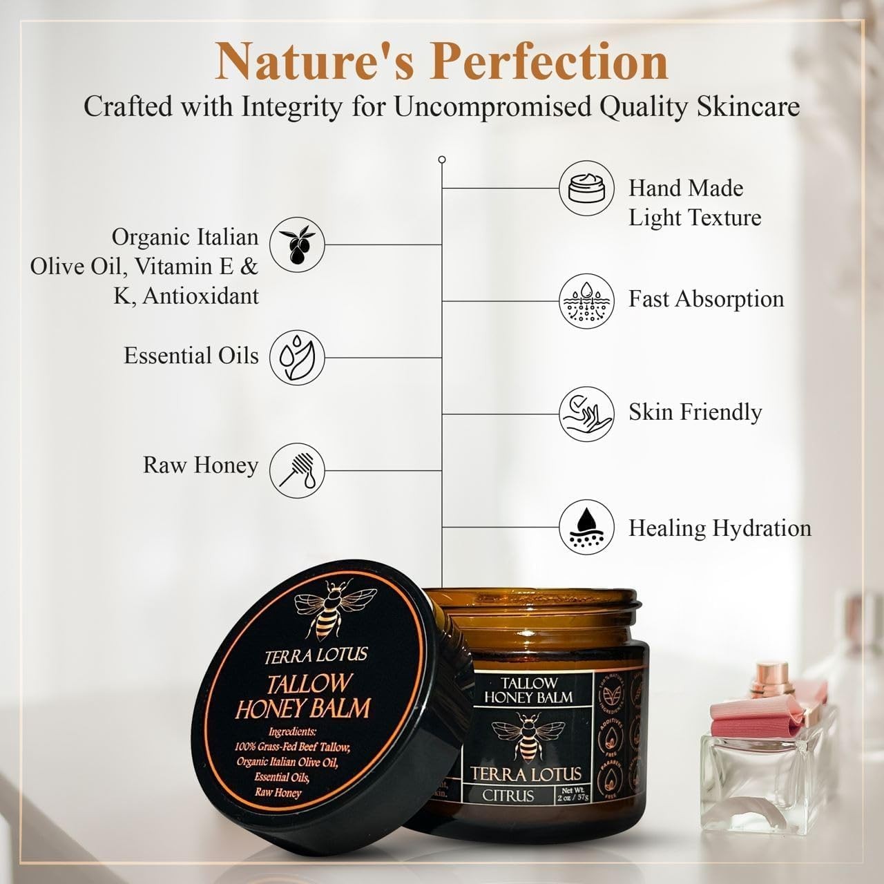 Organic Grass-Fed Beef Tallow Balm with Raw Honey-Moisturizing Cream(2 Oz,Citrus