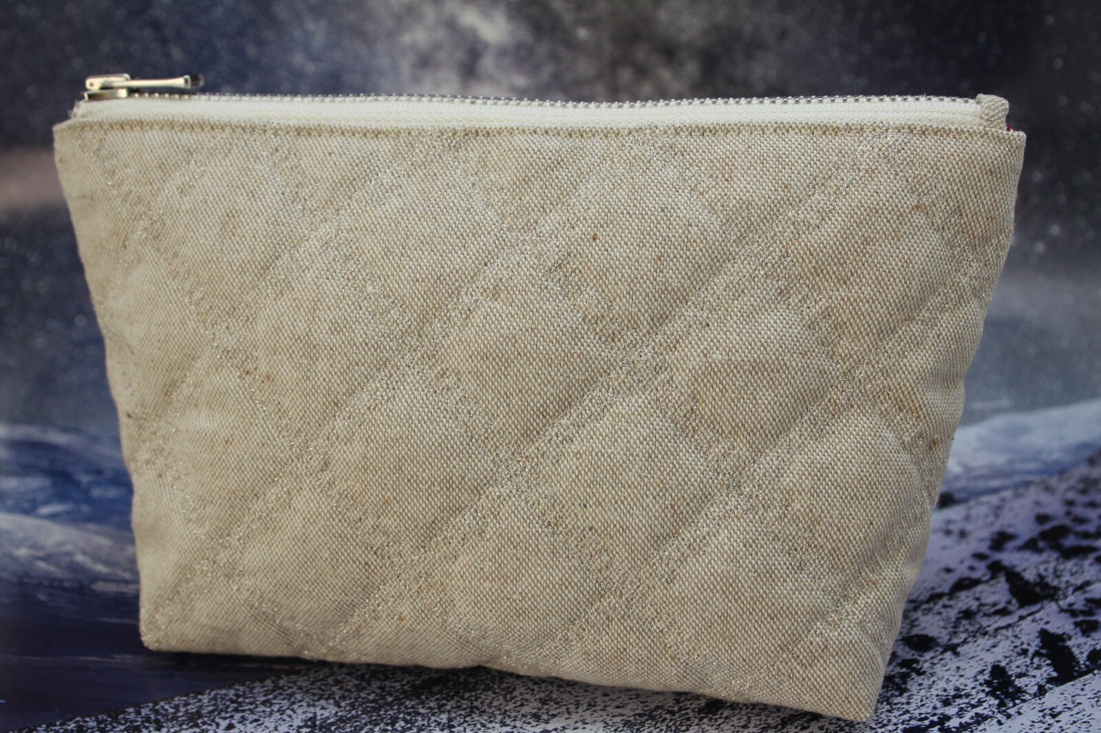 Unique Beige Cotton Makeup Pouch Natural Fabric Zip Top Cosmetic Bag.