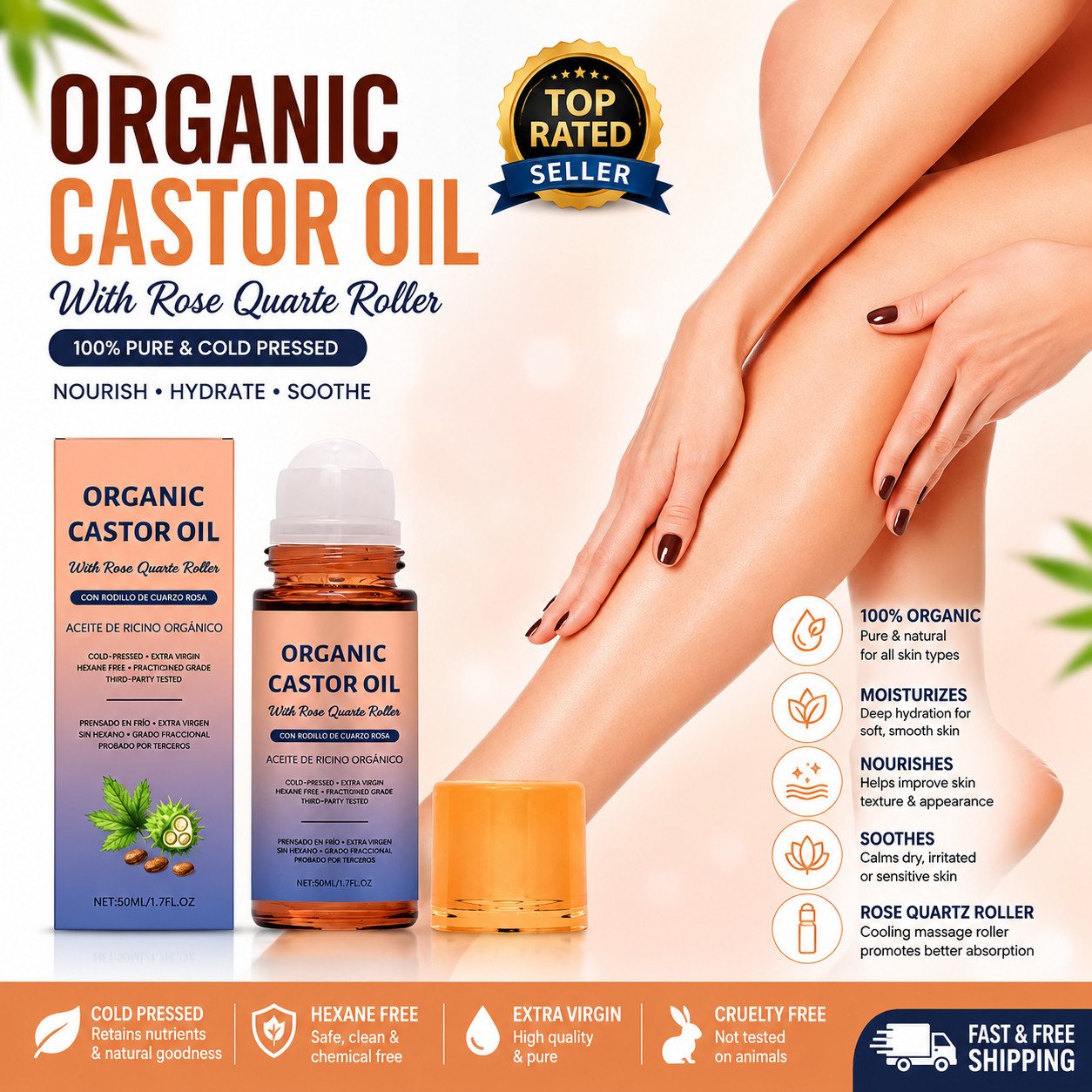 1Bottle Organic Golden Castor Oil Roll-On with Rose Quartz for Skin,Hair&Wrinkle