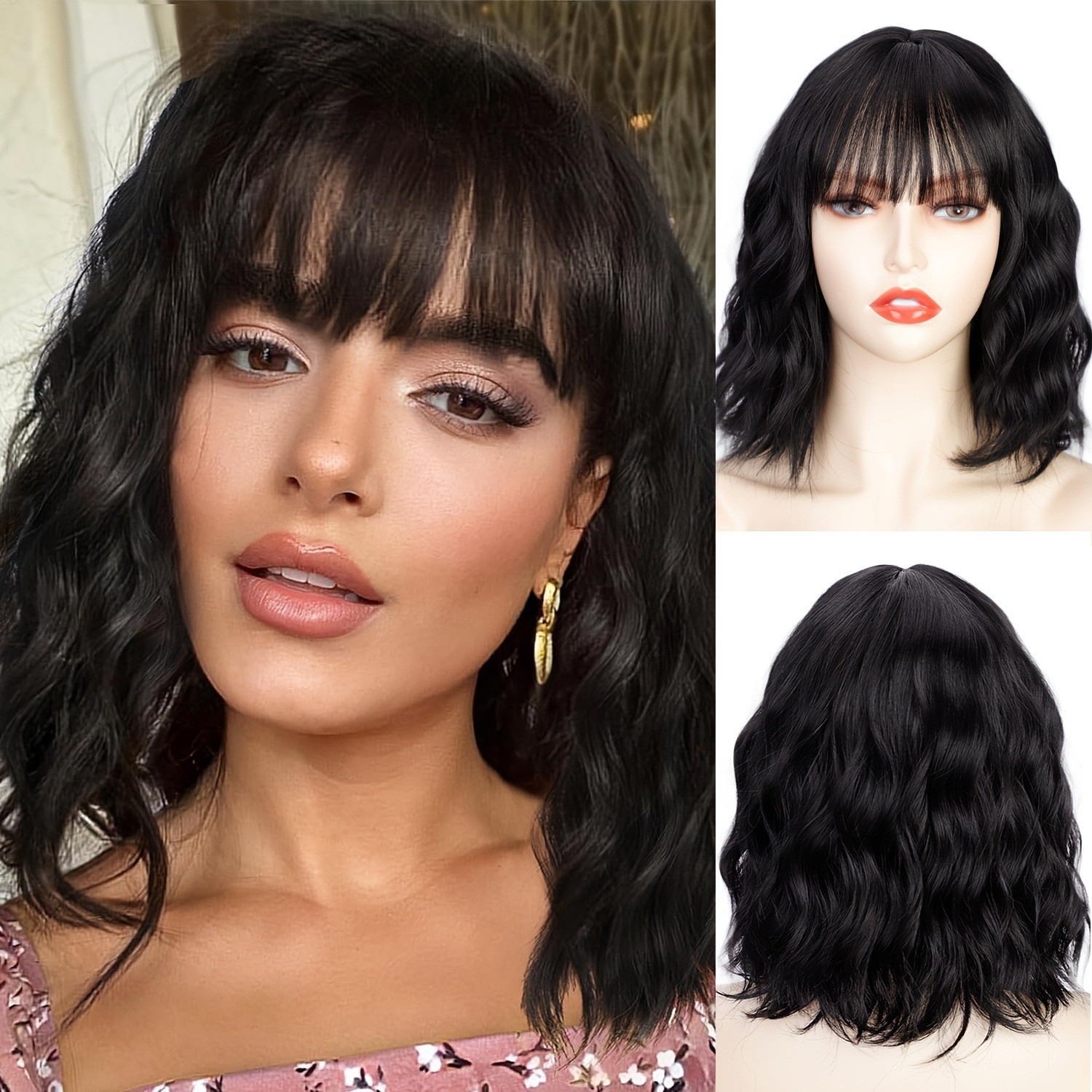 Women Short Water Wave Bob Wig Straight Bangs Heat Resistant Synthetic Full Wig