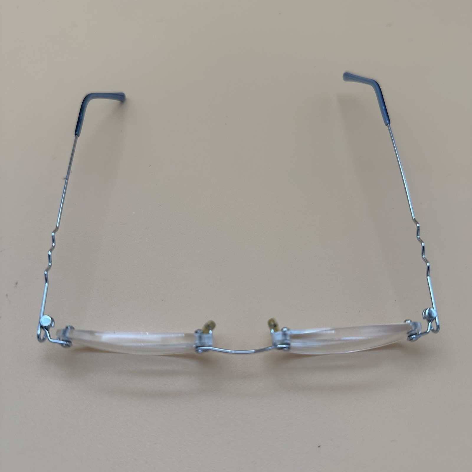 Rimless Silver Metal Eyeglass Frames Blue Temple Tips Unisex Adults Pre-Owned