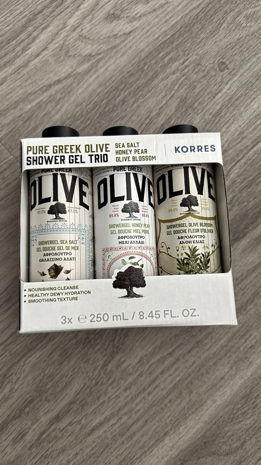 Korres PURE GREEK OLIVE SHOWER GEL TRIO SEA SALT. HONEY PEAR. OLIVE BLO550M.