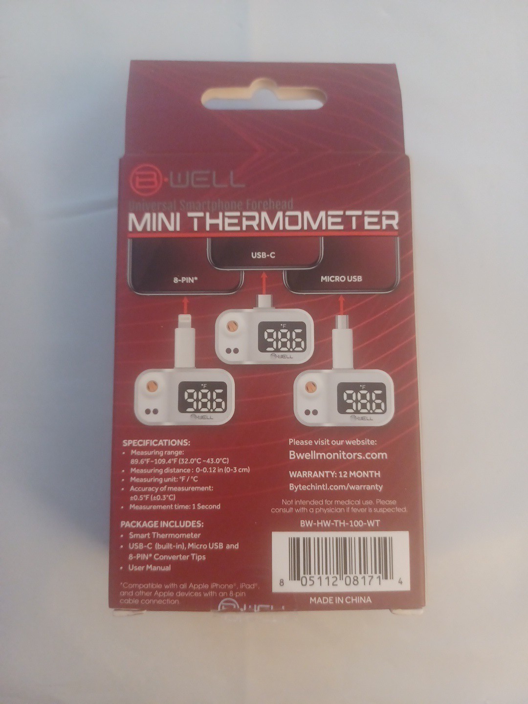 B Well Universal Smartphone Forehead Mini Thermometer NIB