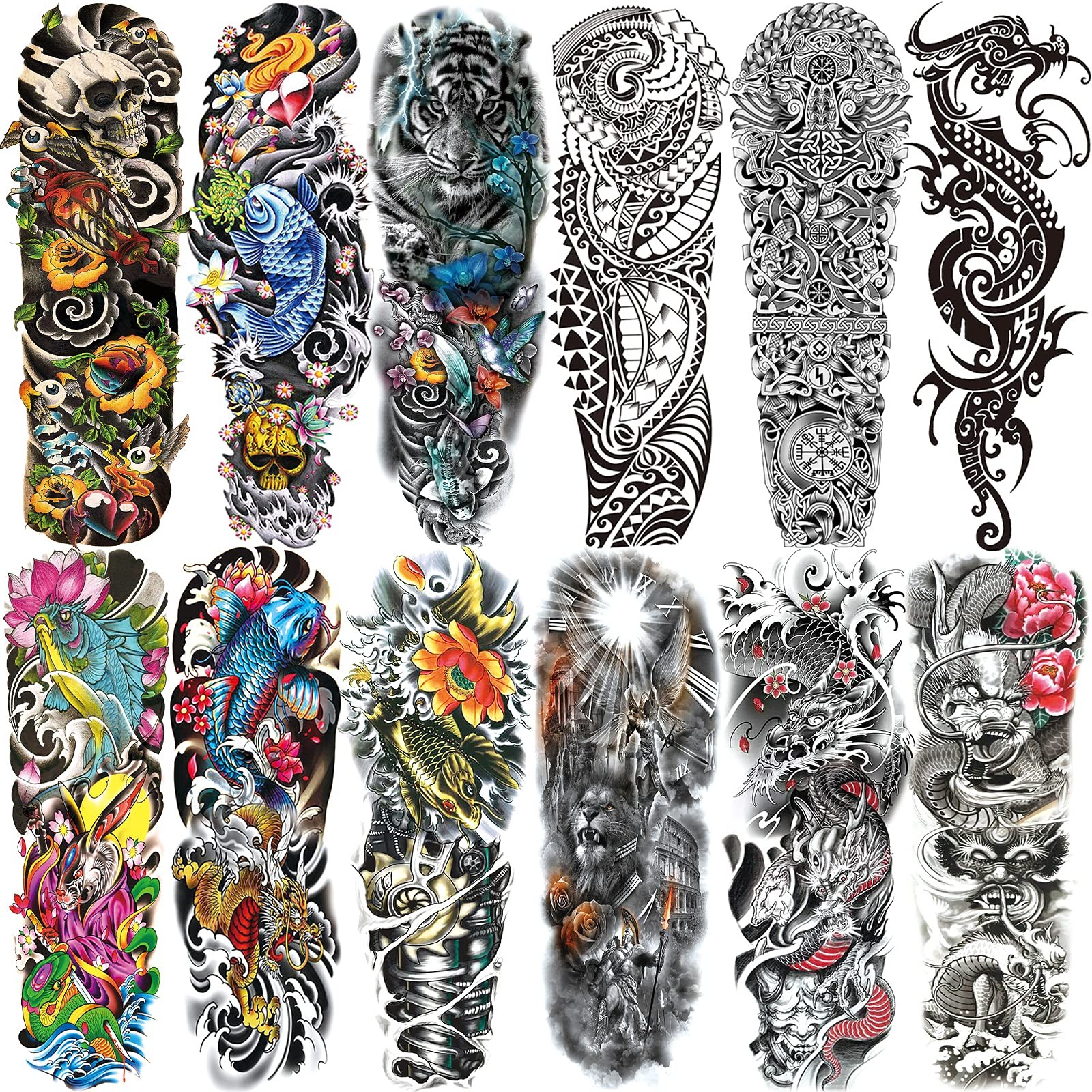 Aresvns Temporary Sleeve Tattoo for Men and 12 Count (Pack of 1), Colourful