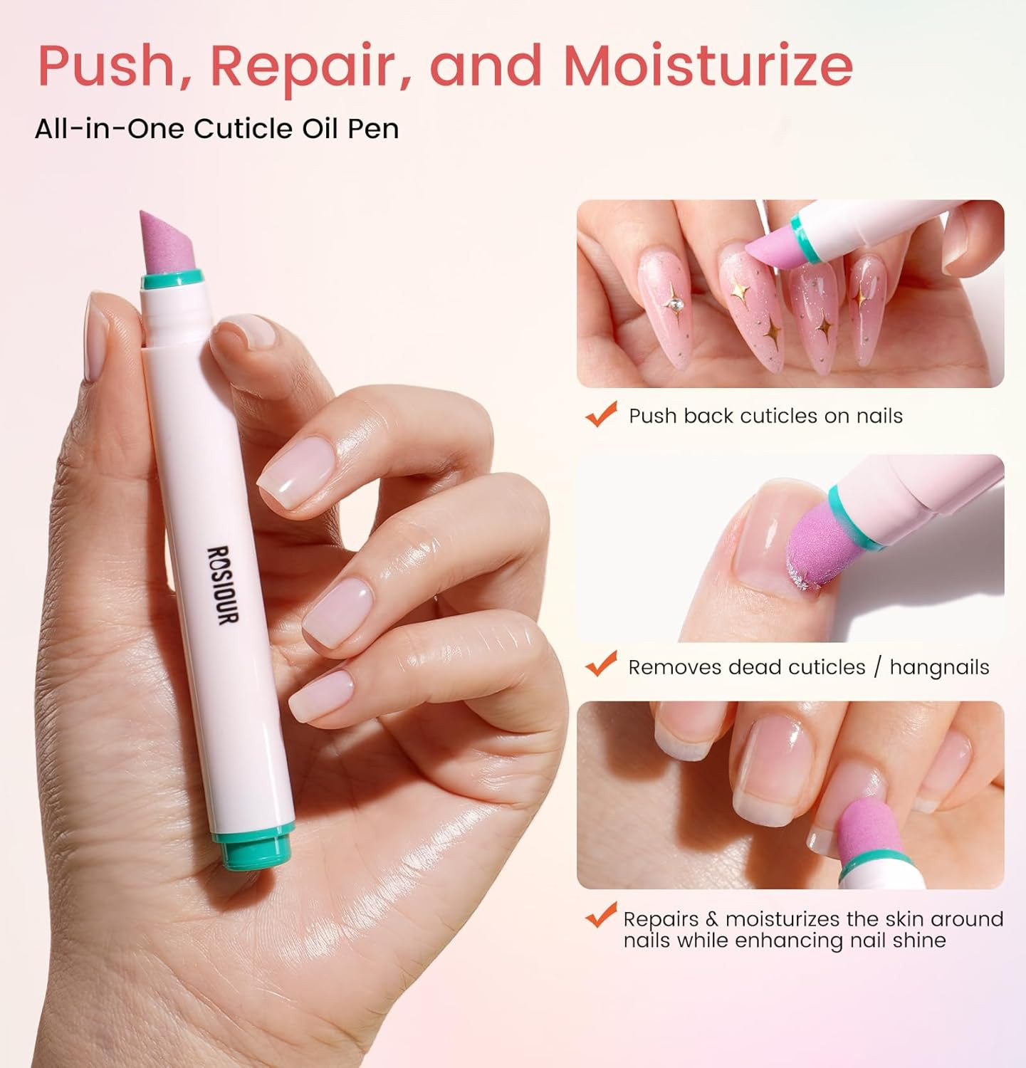 Ceramic Cuticle Oil Pusher Pen -3 in 1 Cuticle Remover Pen for Nails, Nail Care