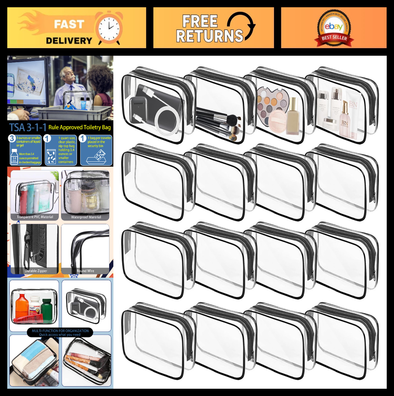 16 Clear Makeup Bags Set, TSA Approved Toiletry Pouches, Waterproof Travel Zippe