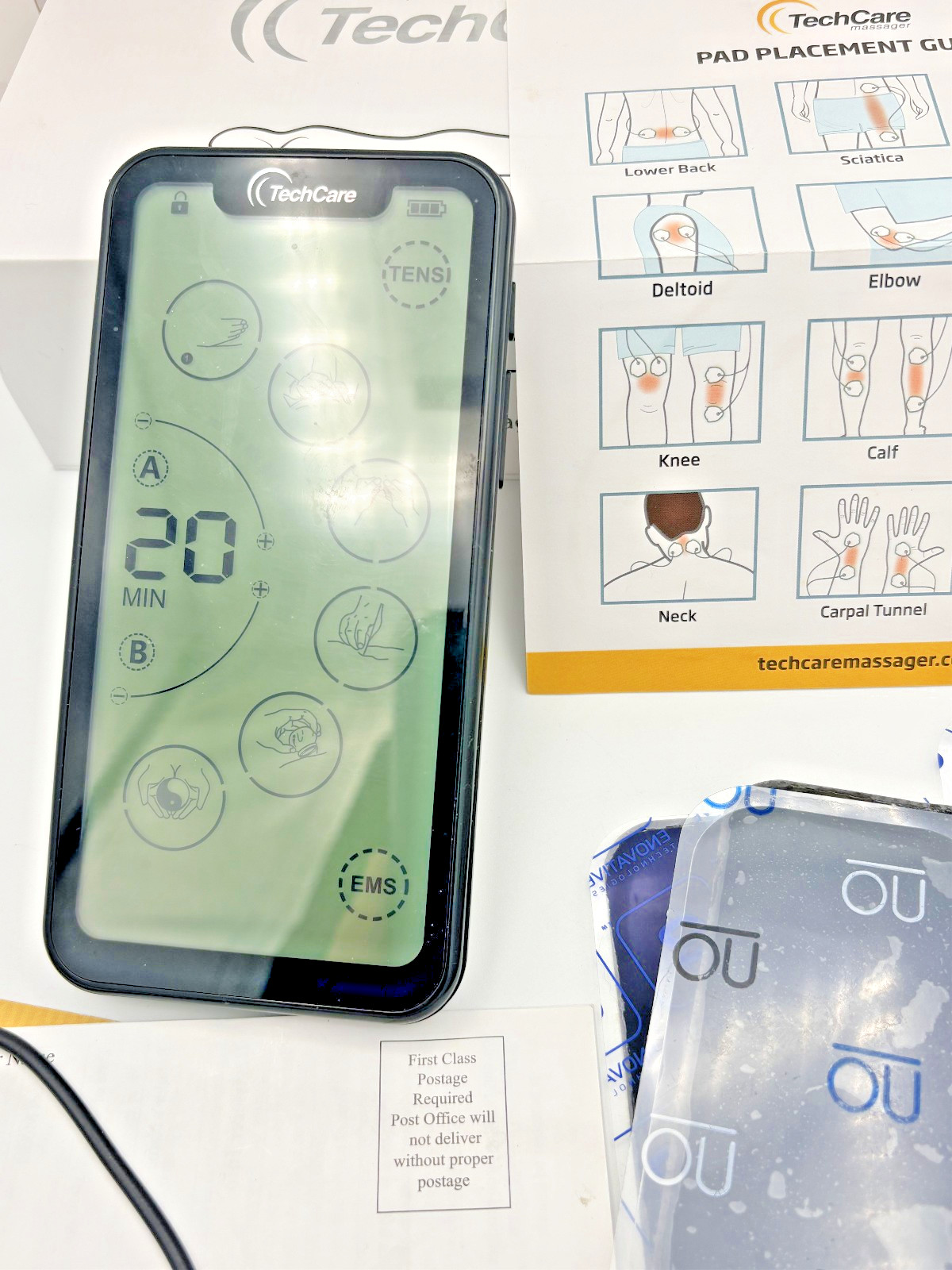 TechCare Touch X TENS EMS Unit Pain Relief Muscle Stimulator W/Pads Case charger