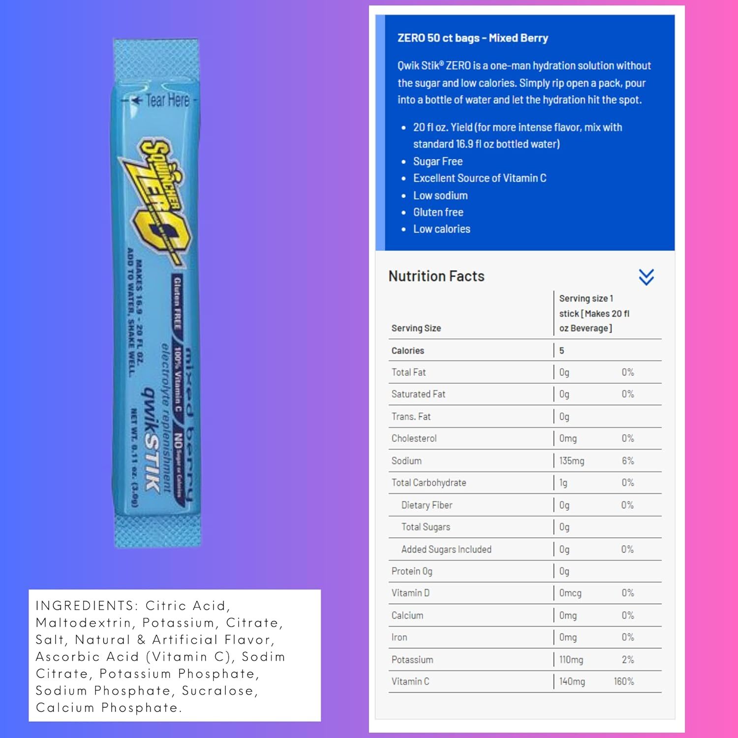 Sqwincher Qwik Stik Sugar Free Electrolyte Powdered Mix Hydration Sticks 50 PK