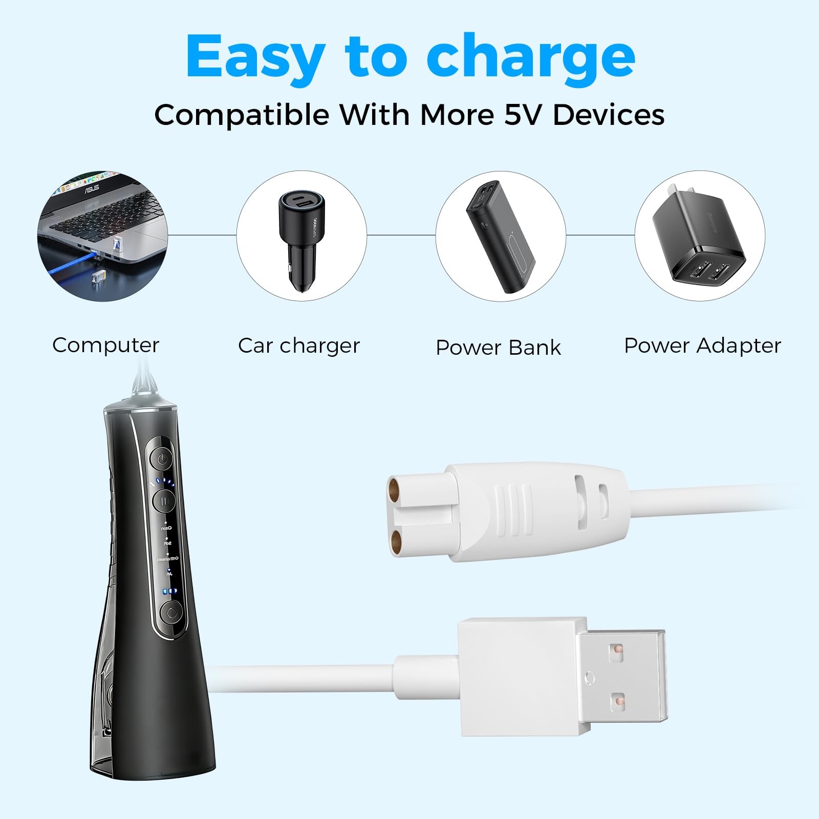 2 Pack USB Charging Cable for Rechargeable Water Flosser Oral Irrigator White