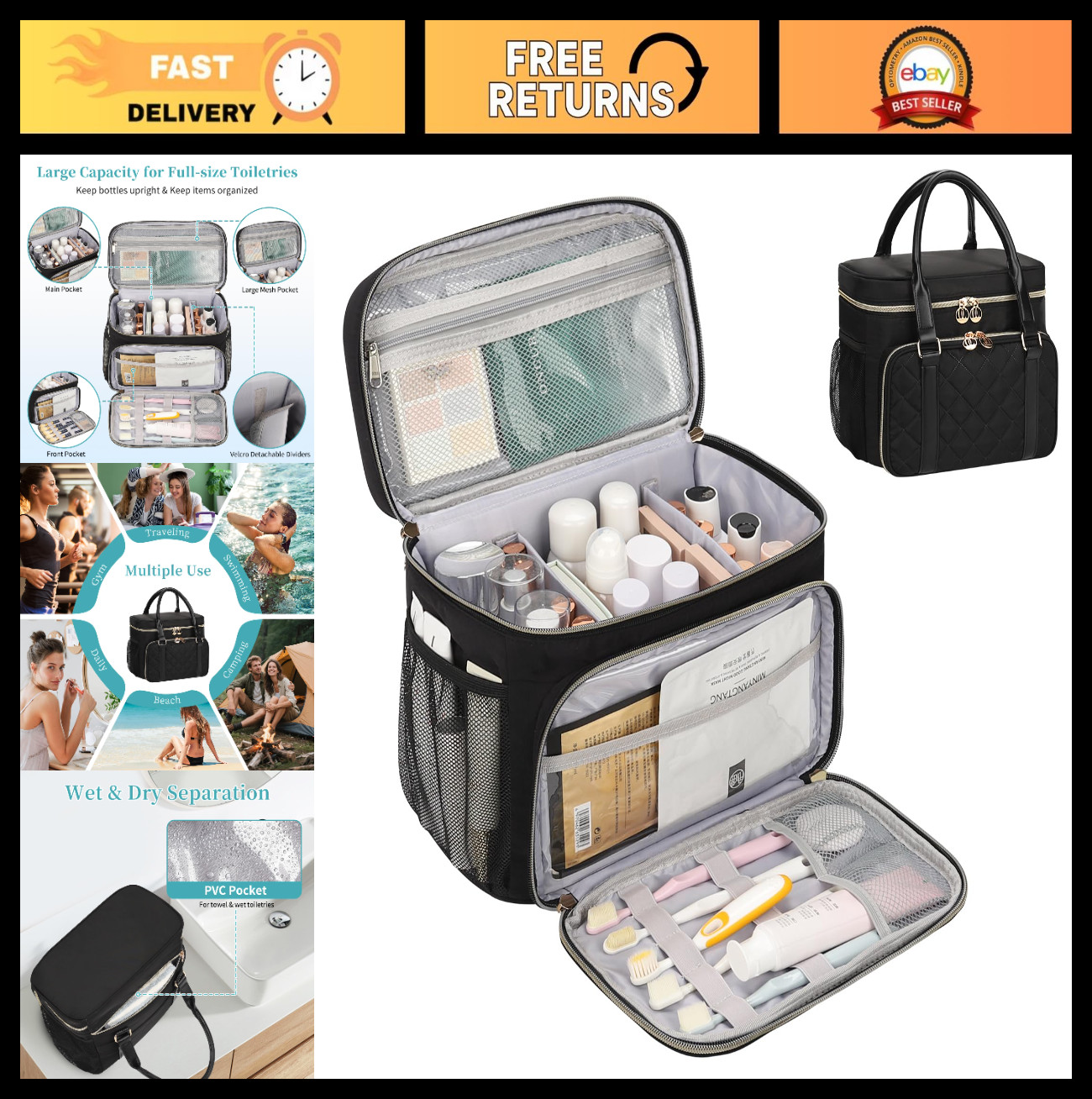 Portable Travel Makeup Bag – Water-Resistant Toiletry Organizer with Handle for