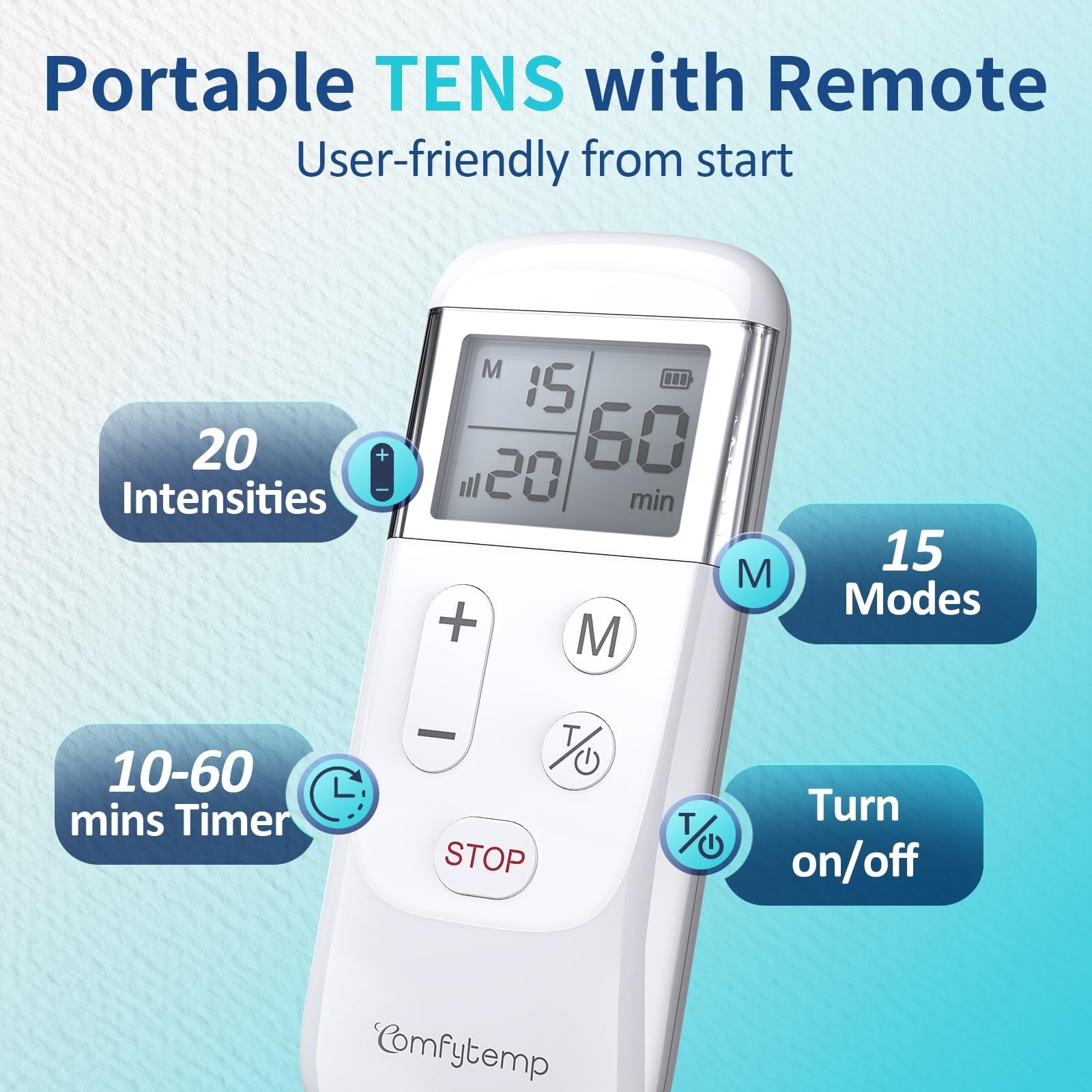 Comfytemp K6123-020 Wireless TENS Unit Muscle Stimulator 15 Modes Remote Control