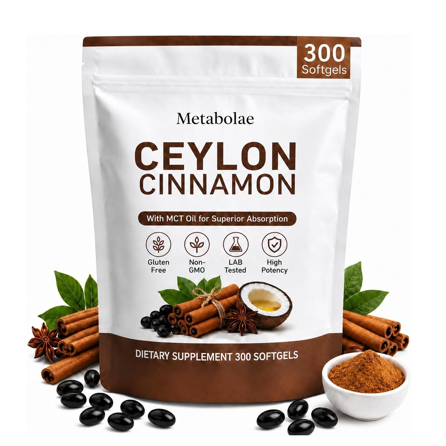 Ceylon Cinnamon Supplements – Plant-Based, Non-GMO, Gluten-Free, 300 Softgels