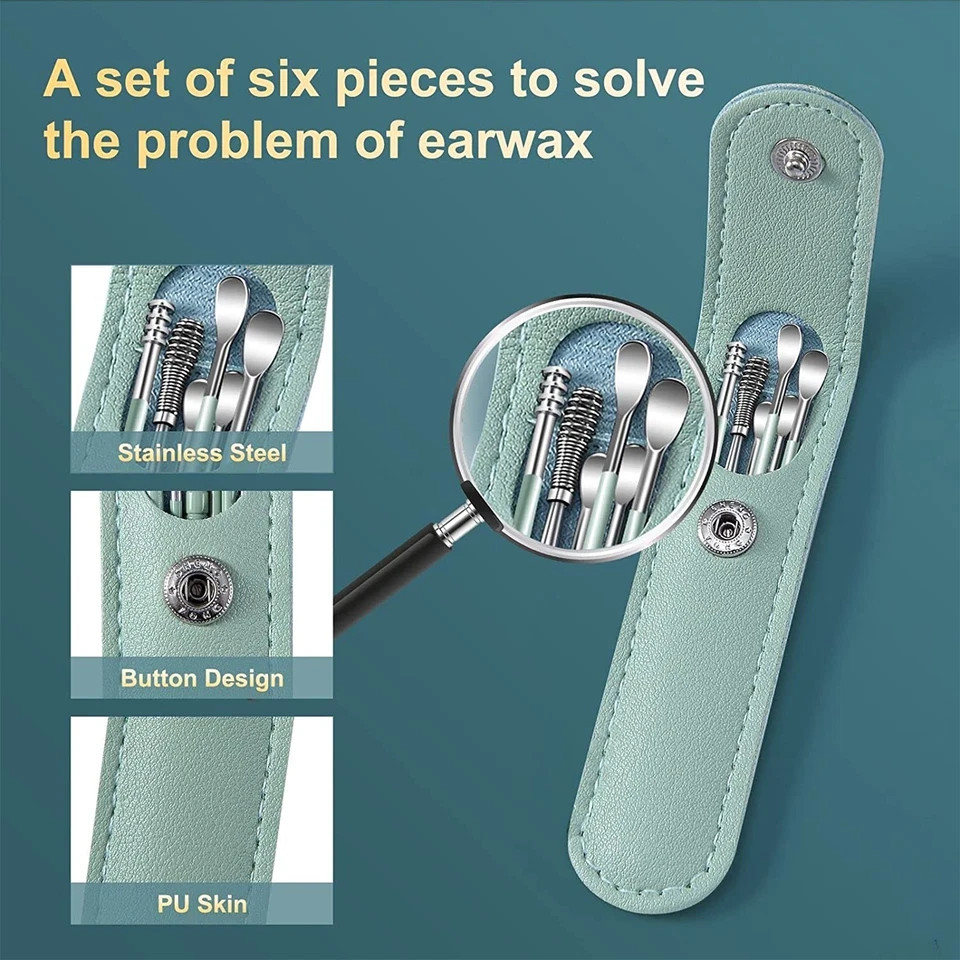 6PCS Ear Pick Cleaning Set Spiral Tool Spoon Ear Wax Remover Cleaner Curette Kit