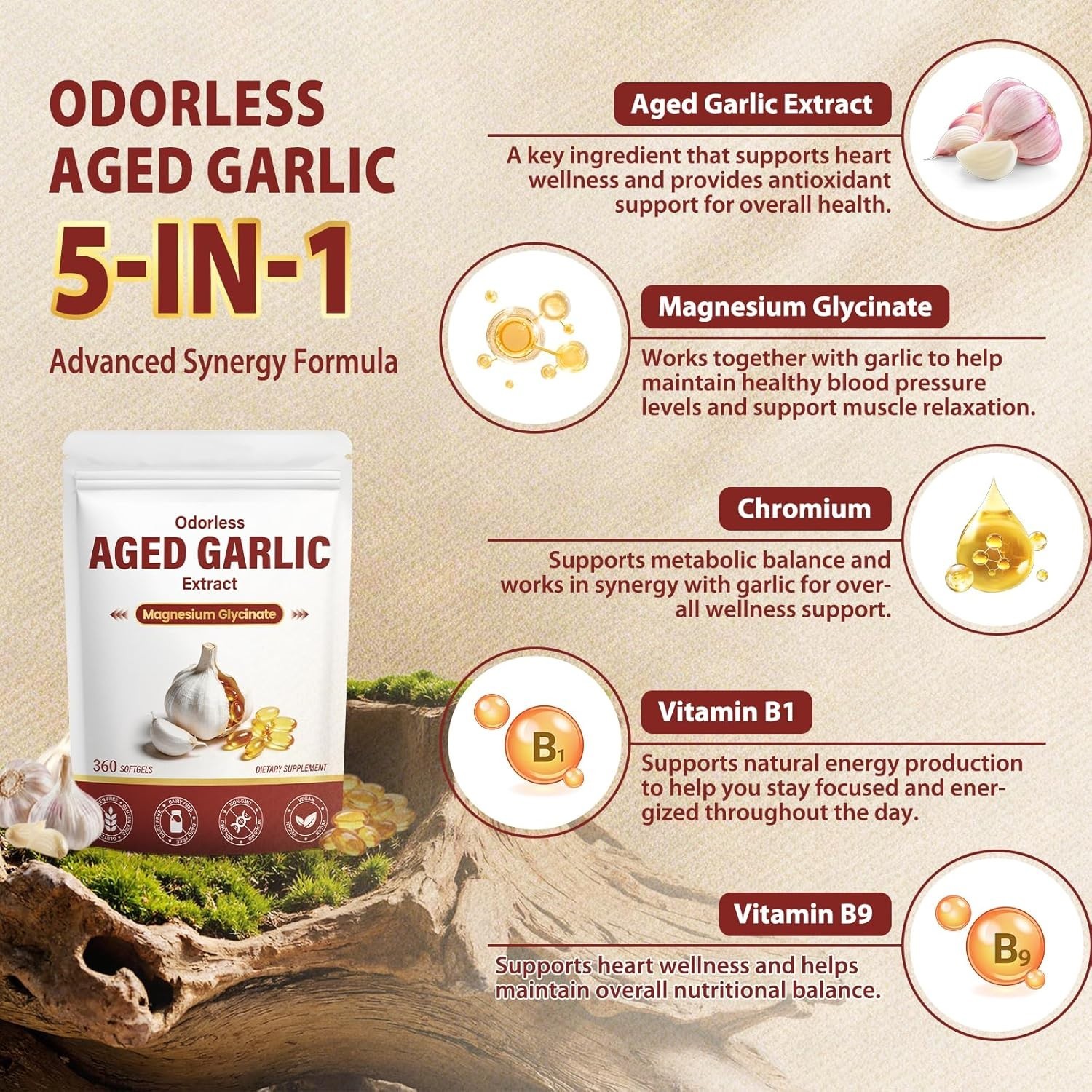 2-Year Odorless Aged Garlic Extract SOFTGELS,with Magnesium, Vitamin B1, B9