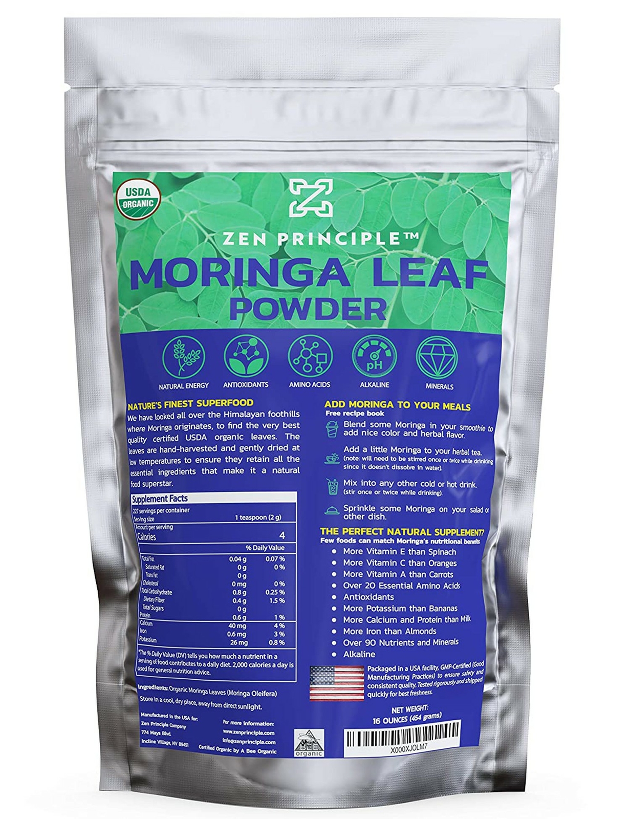 1 lb. Premium Organic Moringa Oleifera Leaf Powder. 100% USDA Certified. Sun-…