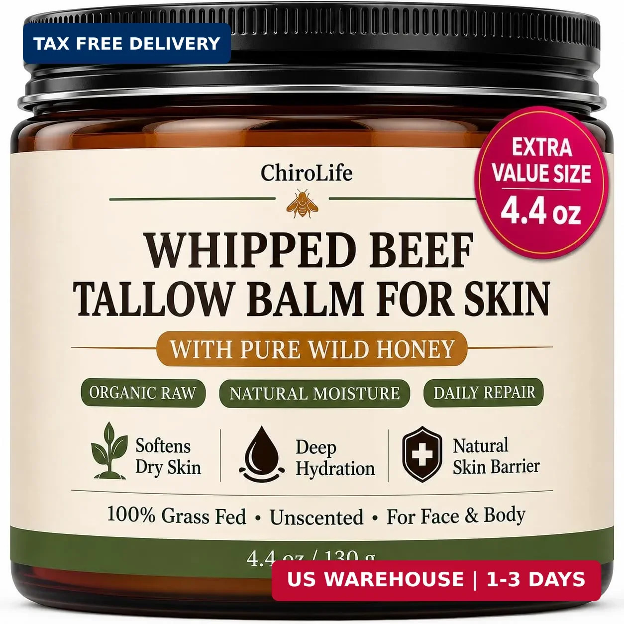 Grass-Fed Beef Tallow for Skin, Whipped Tallow and Honey Balm for Face and Body,