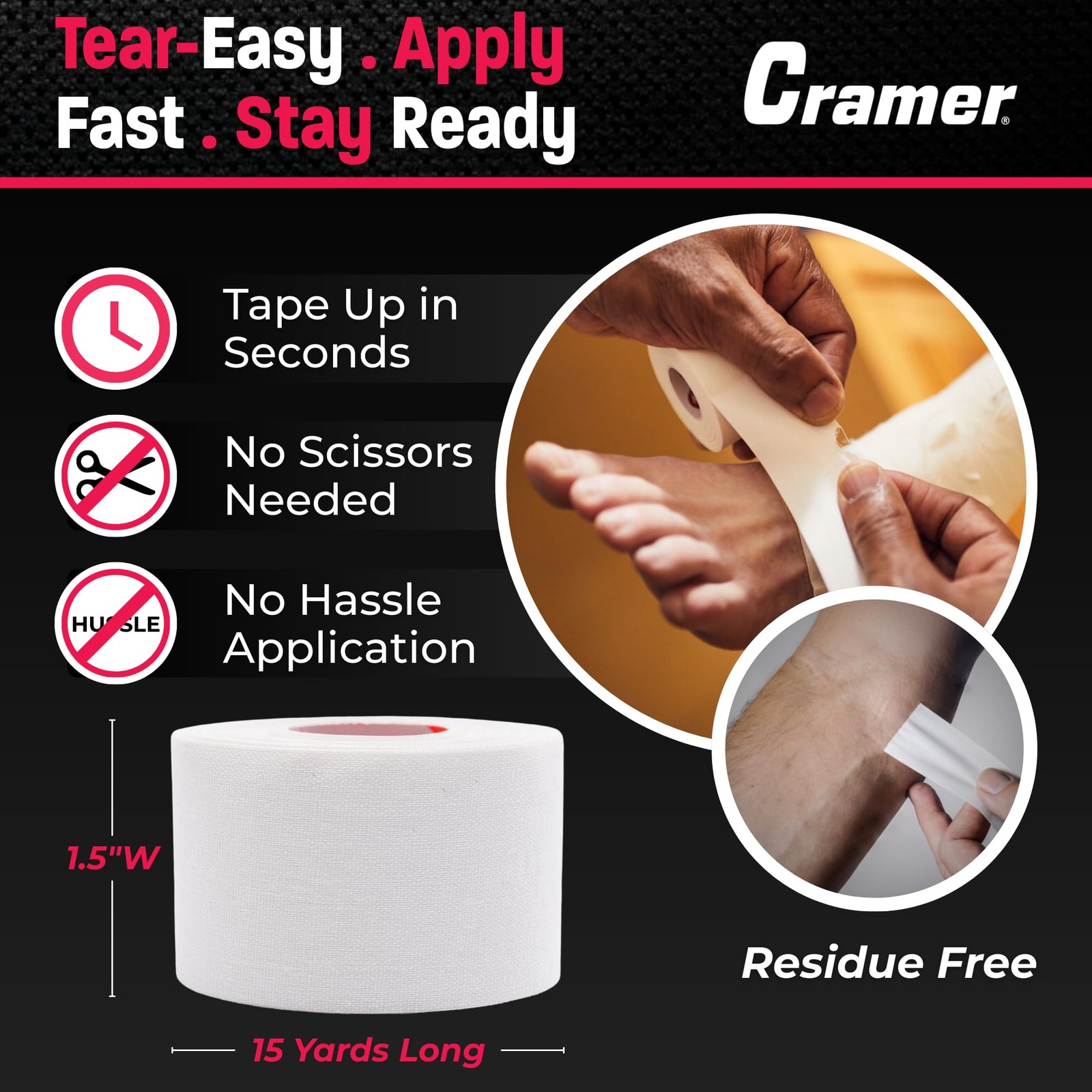 Cramer Team Color Athletic Tape, White, Latex-Free, 1.5 x 15yds, 32 Roll Bulk