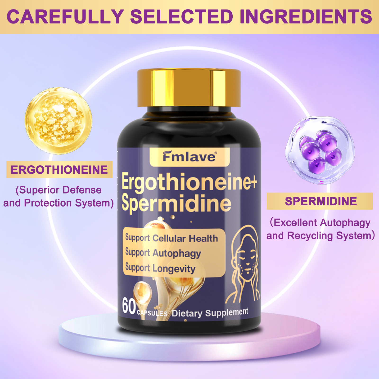 L-Ergothioneine 25 mg + Spermidine Supplement for Longevity & Anti Aging 60 Caps