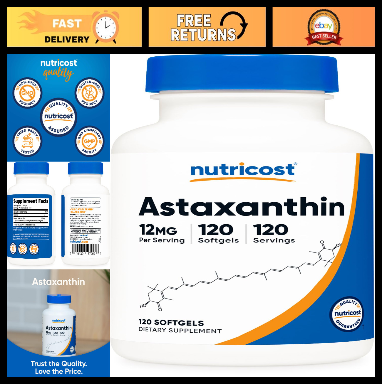 Astaxanthin 12mg Softgels – Non-GMO, Gluten-Free, 120 Count, 4 Month Supply