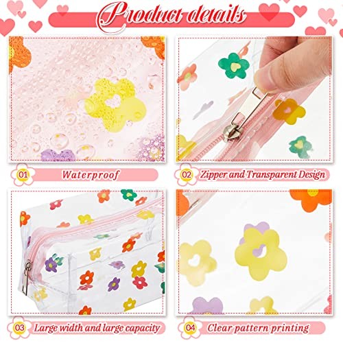 4 Pcs Clear Small Makeup Bag with Daisy Zipper Cute Flower Daisy Heart