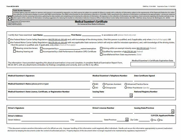 DOT Medical Certificates (MCSA-5876) – Pack of 100, includes 100 free covers.