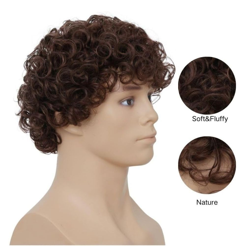 Brown African Short Small Curls High Temperature Synthetic Wig Full Head Wig