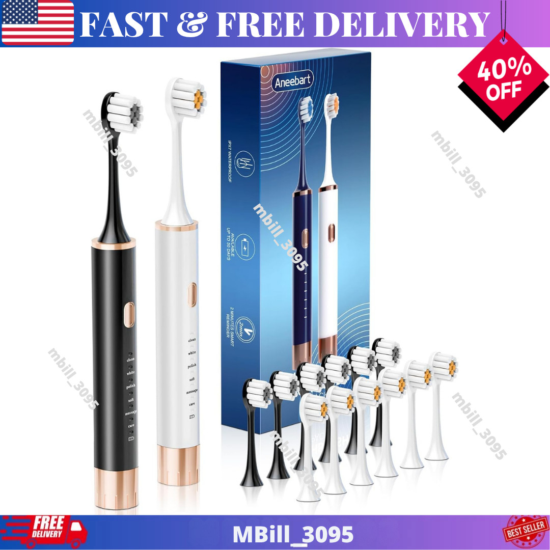 2 Pack Electric Toothbrush Sonic Toothbrush USB Rechargeable 12 Heads 6 Modes