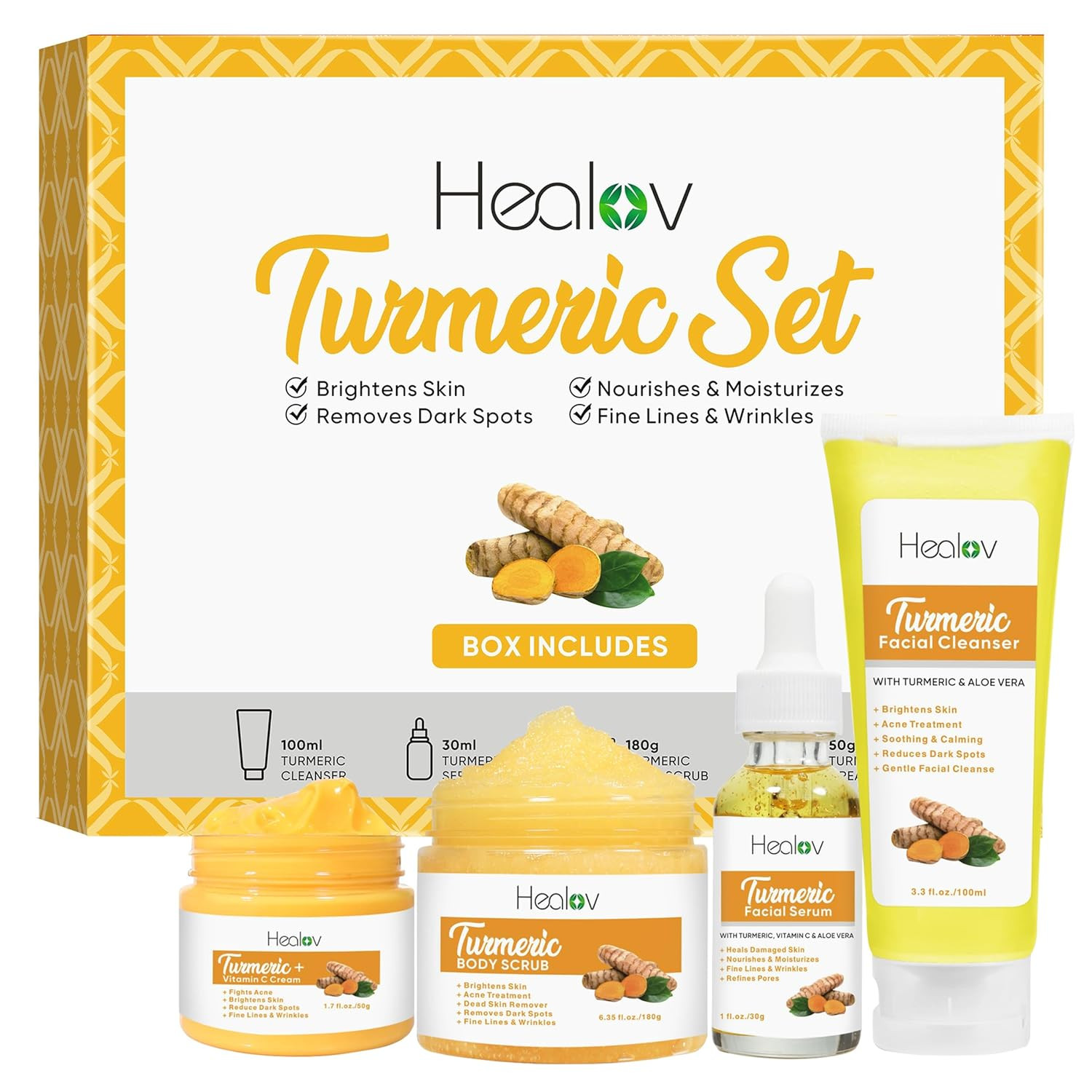 Turmeric Skincare Set – Turmeric Face Cleanser, Body Scrub, Cream & Facial Serum