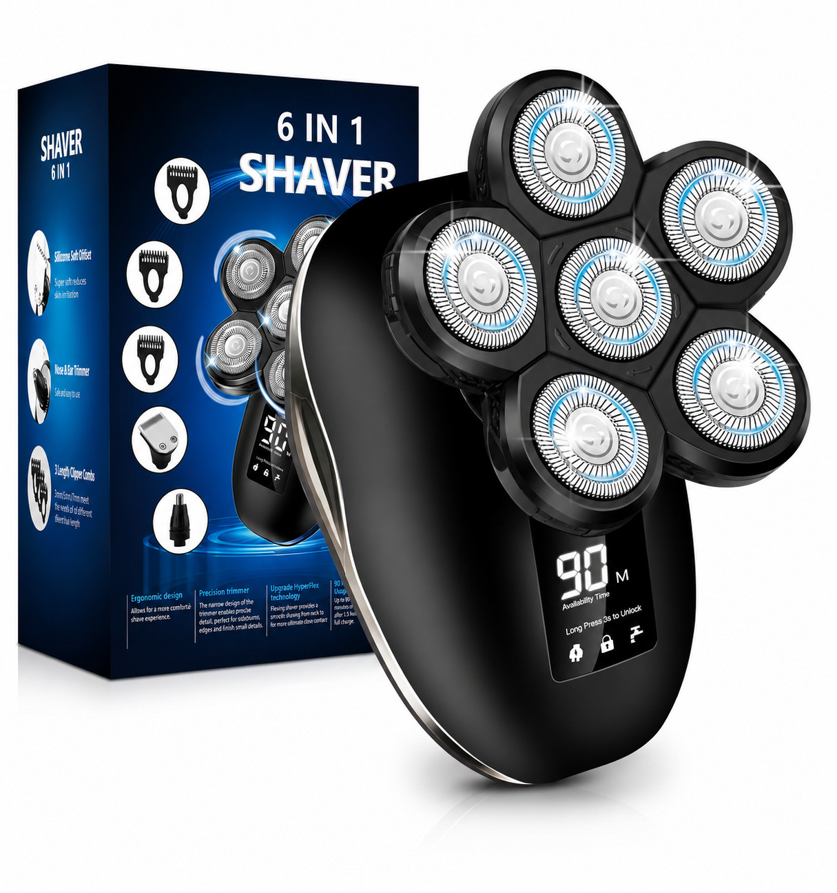 Sakioo 6in1 Head Shaver Bald Men 6D Floating Electric Razor Wet Dry IPX7 Type-C