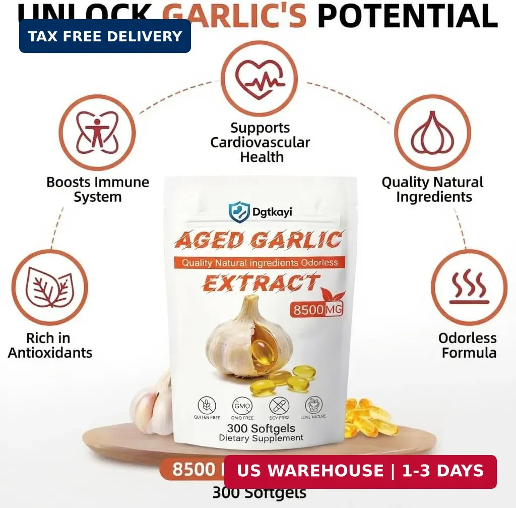 Odorless Aged Garlic Extract 8500mg – 300 Softgels, 2 Year Aged Organic Garlic S