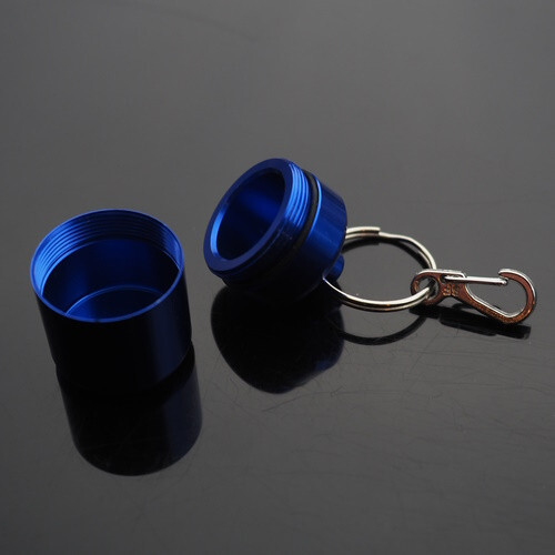 2 PCS Waterproof 1″ Wide Pill Capsule Bottle Keychain & Clip – Silver & Blue