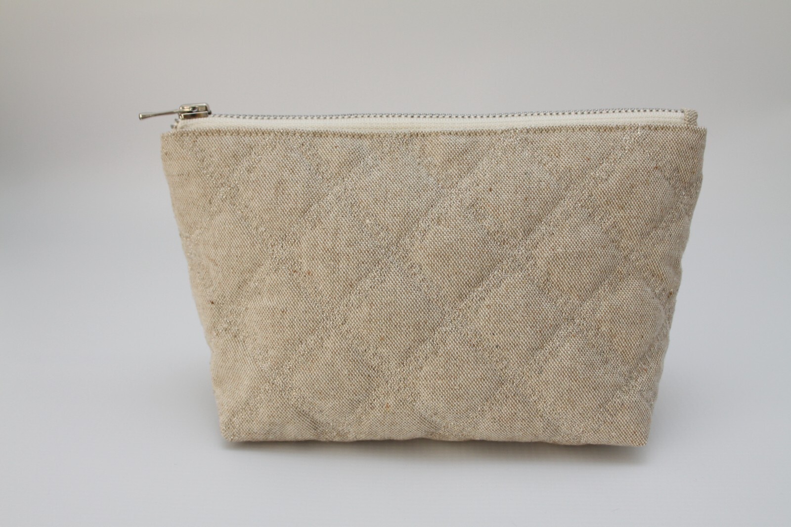 Unique Beige Cotton Makeup Pouch Natural Fabric Zip Top Cosmetic Bag.
