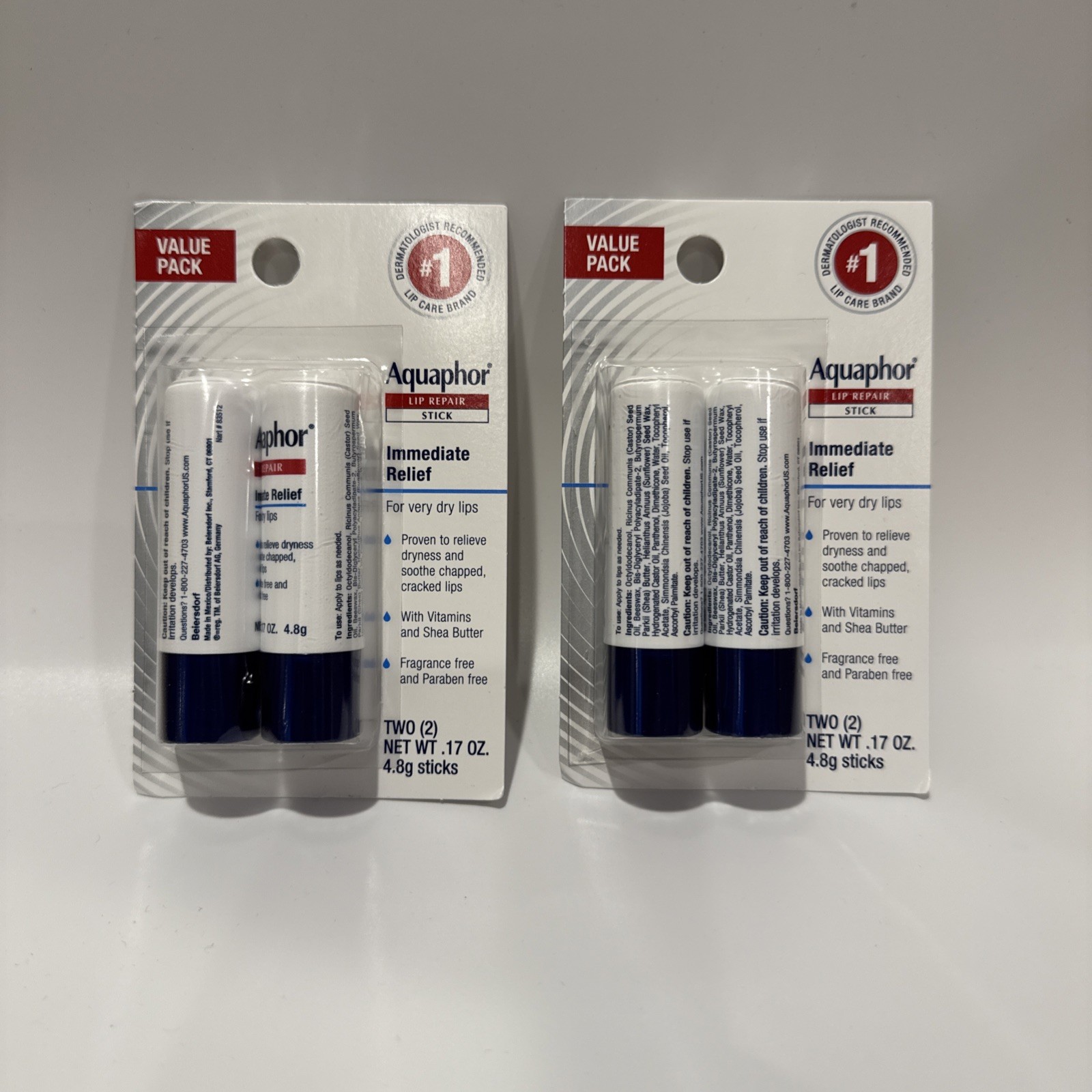 Pack Of 4 Aquaphor Lip Repair Stick Immediate Relief For Very Dry Lips .17oz