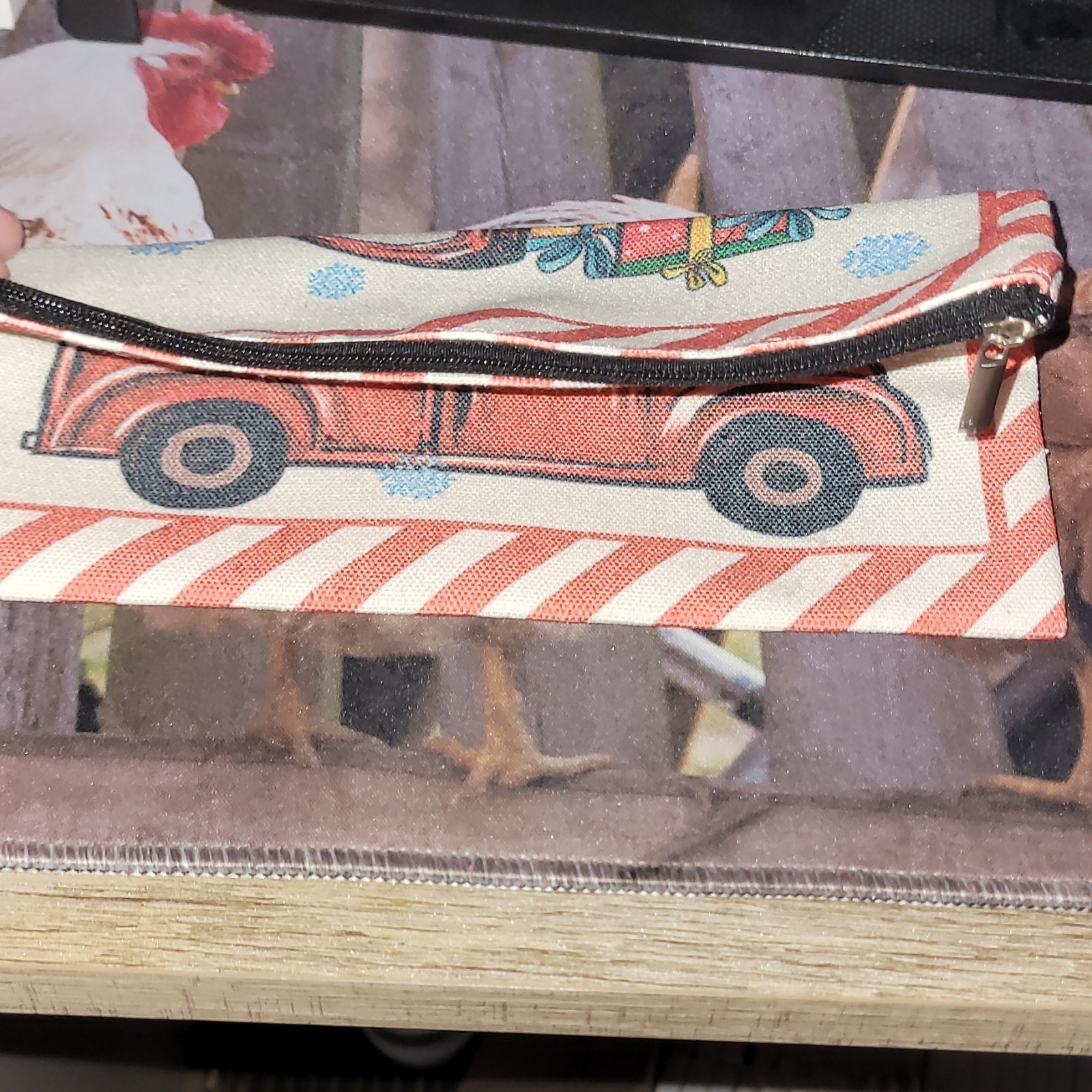 Makeup Bag Red/White/Blue Zipper “Red Truck & Presents” Christmas Print