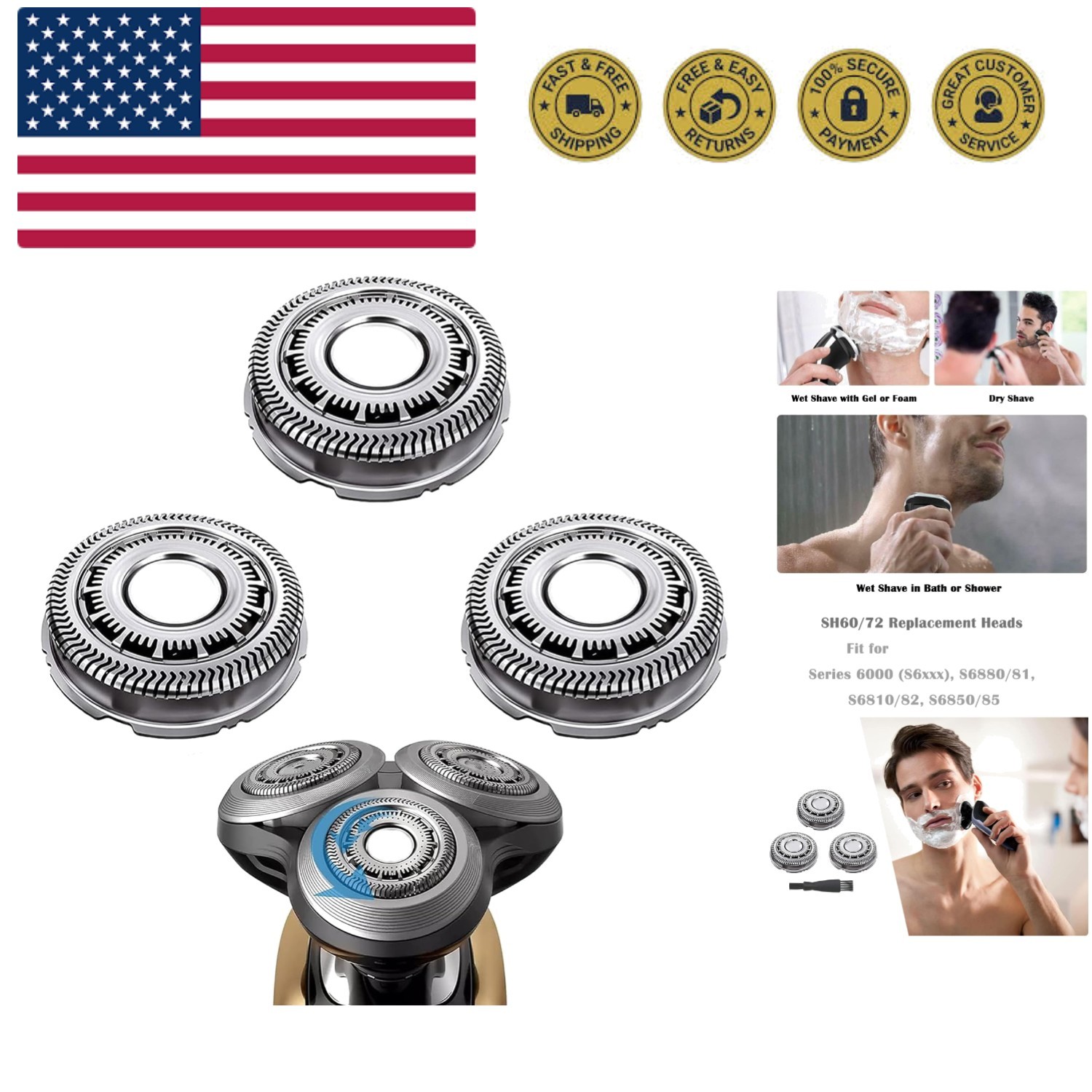 SH60/72 Replacement Head Compatible with Philips S6000 Razors, SH60 Replaceme…