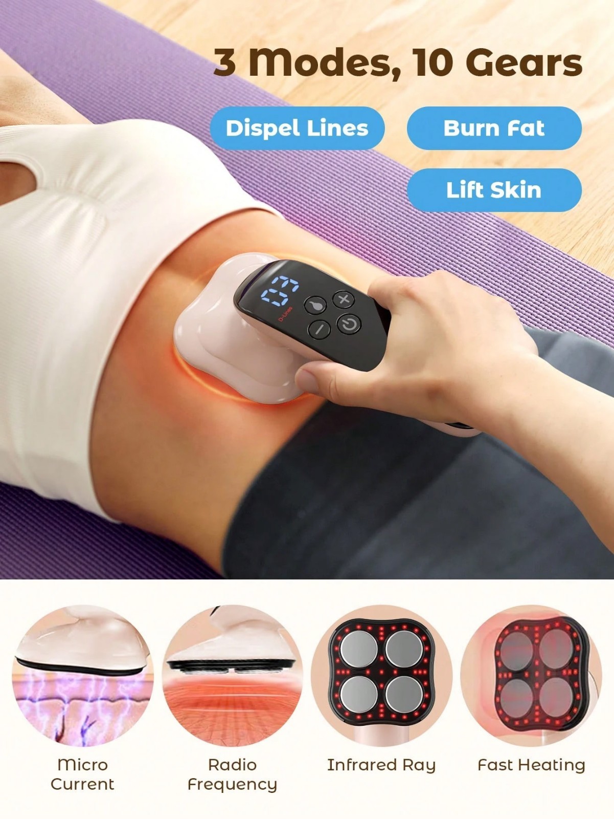 Cordless 4 Head Heated Body Massager LCD Display for Belly Thigh Legs