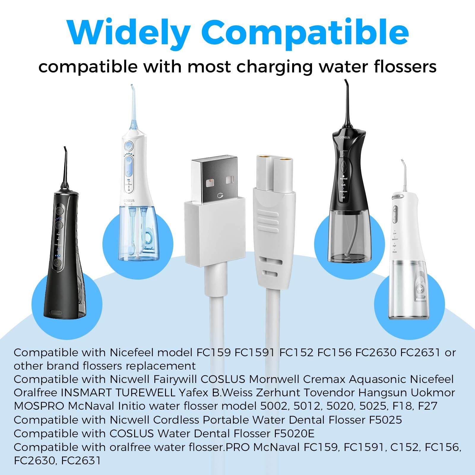 2 Pack USB Charging Cable for Rechargeable Water Flosser Oral Irrigator White