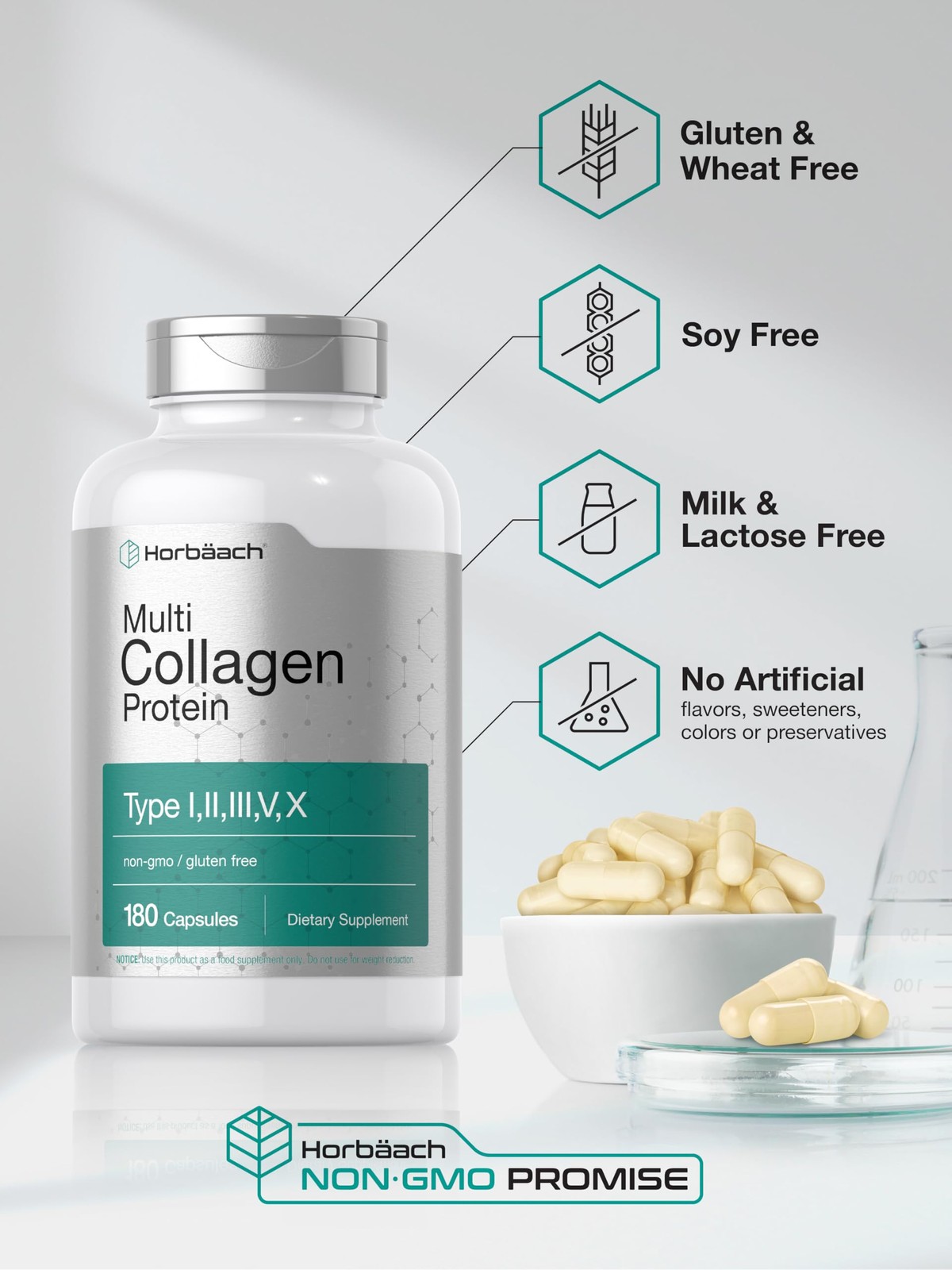 Horbäach Multi Collagen Protein 2000 mg | 180 Capsules 180 Count (Pack of 1)