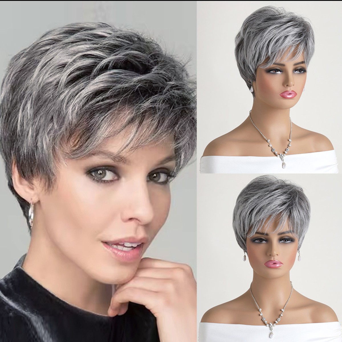 10″ Silver Gray Wig for Women Ombre Natural Cosplay Wavy Full Wig Heat Resistant