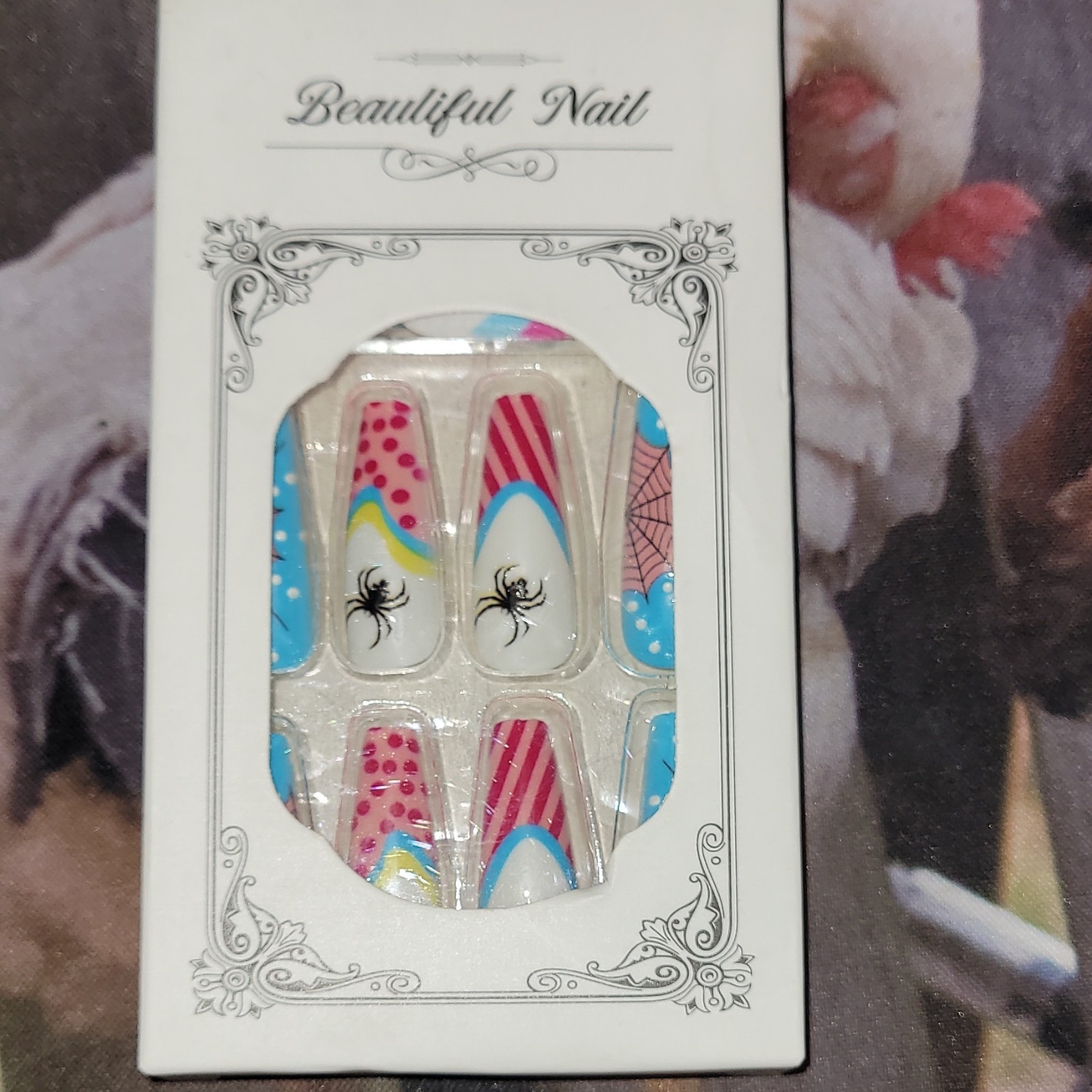 Beautiful Nail Pre-Designed Press-On Nails Halloween Spider Web Blue Pink White