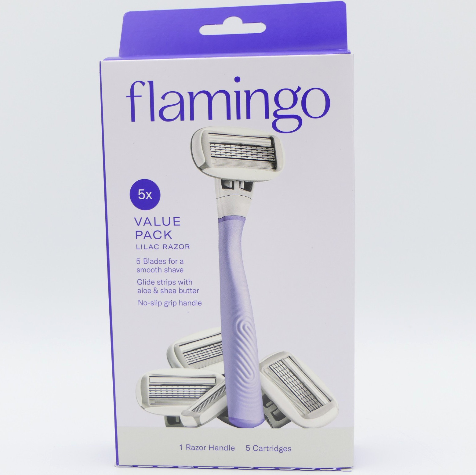 Flamingo Women’s Lilac Razor 5-Blade – 1 Handle & 5 Cartridges w/ Glide Strip