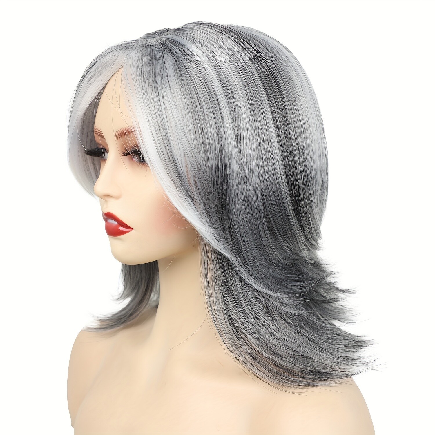 Women Silver Gray Long Straight Heat Resistant Wig Halloween Party Wig