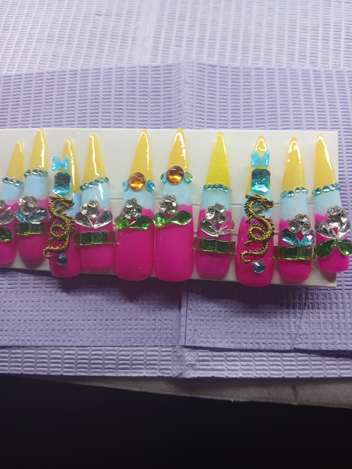 Handmade Long Stiletto Summer Press On Nails With Rhinestones. Large Size
