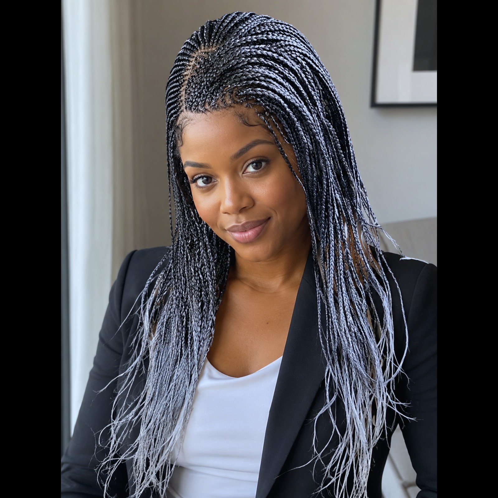Braided Wig Micro Braids Lace Front Glueless 26in Silver Black Ombre Handmade
